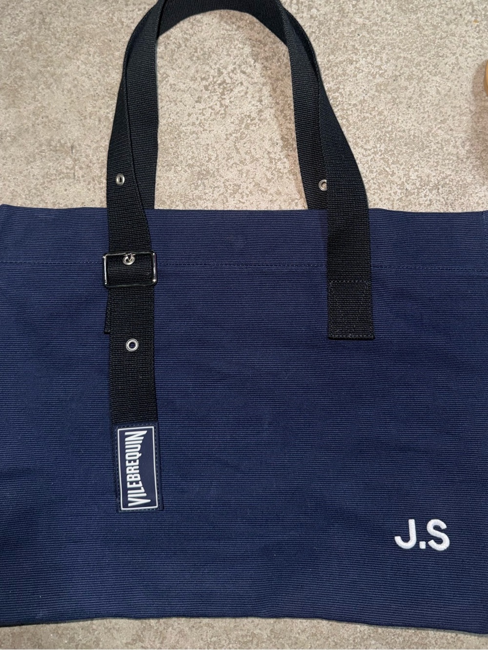 Vilebrequin Navy Canvas Tote with Black Straps and White J.S Initials